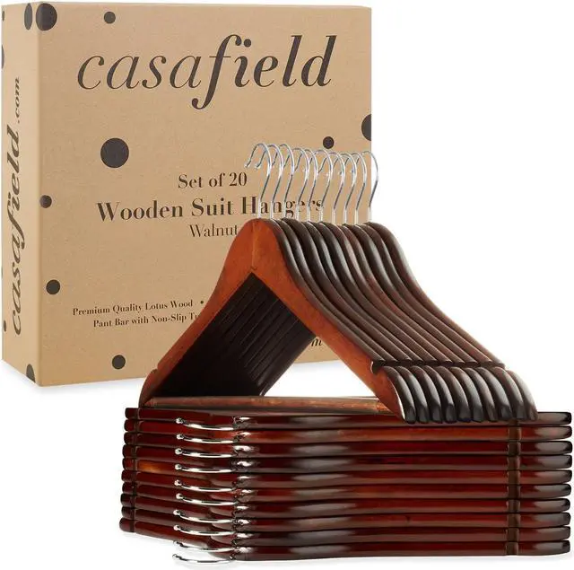 Alt view image 6 of 6 - Casafield - 20 Walnut Wooden Suit Hangers - Premium Lotus Wood with Notches & Chrome Swivel Hook for Dress Clothes, Coats, Jackets, Pants, Shirts, Skirts
