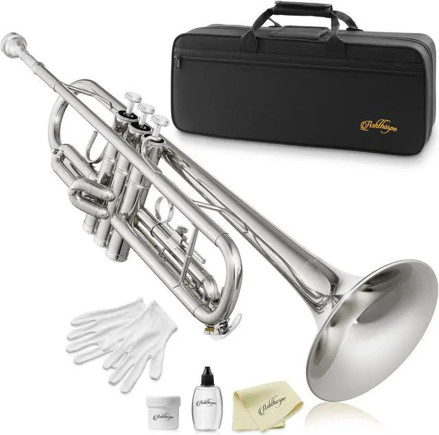 Main image of Ashthorpe Standard Bb Trumpet with Nickel Plated Finish - Includes Case, Mouthpiece, Gloves, Cleaning Cloth, Valve Oil