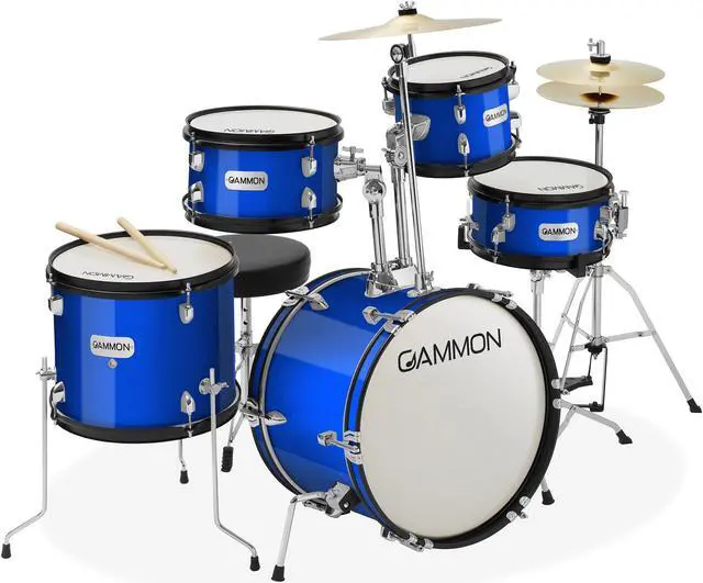 Main image of Gammon Percussion 5-Piece Junior Starter Drum Kit with Cymbals, Hardware, Sticks, & Throne - Blue