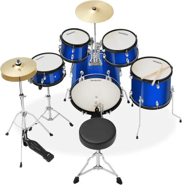 Alt view image 2 of 6 - Gammon Percussion 5-Piece Junior Starter Drum Kit with Cymbals, Hardware, Sticks, & Throne - Blue
