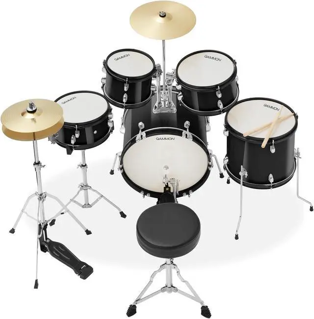 Alt view image 2 of 6 - Gammon Percussion 5-Piece Junior Starter Drum Kit with Cymbals, Hardware, Sticks, & Throne - Black