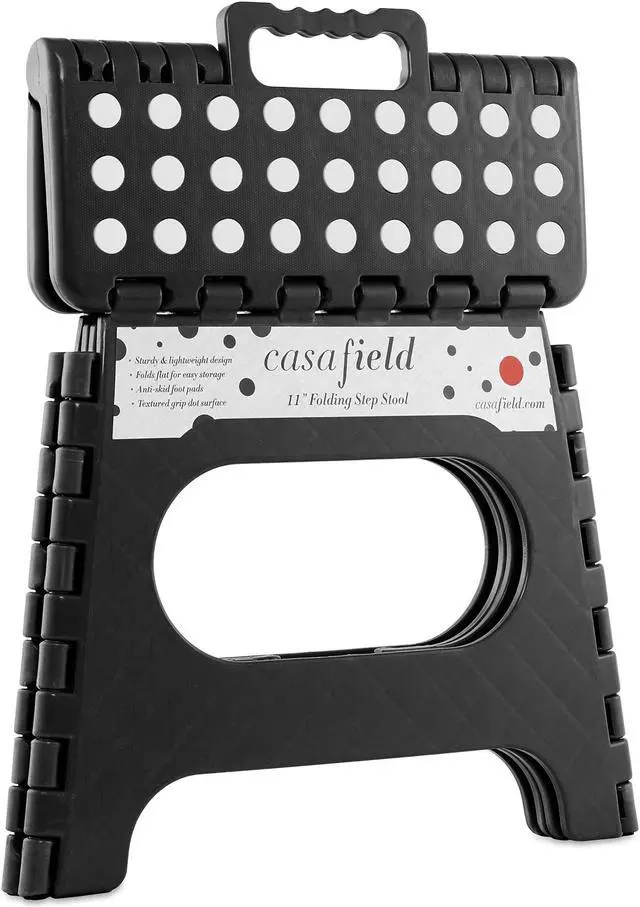 Alt view image 2 of 6 - Casafield 11" Folding Step Stool with Handle (Set of 2), Black - Portable Collapsible Small Plastic Foot Stool for Kids and Adults - Use in the Kitchen, Bathroom and Bedroom