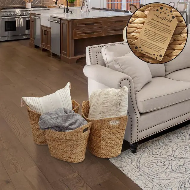 Alt view image 2 of 6 - Casafield Set of 3 Stackable Oval Laundry Baskets with Handles - Natural, Woven Water Hyacinth Storage Totes for Throw Blankets, Bathroom, Bedroom, Living Room