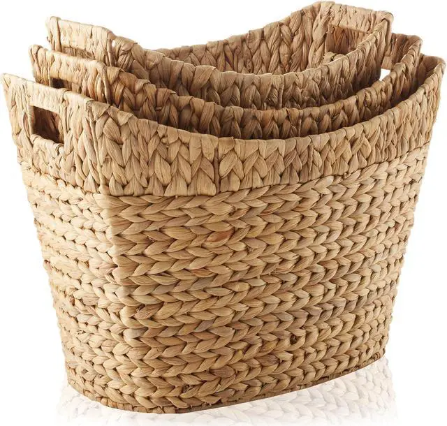 Alt view image 3 of 6 - Casafield Set of 3 Stackable Oval Laundry Baskets with Handles - Natural, Woven Water Hyacinth Storage Totes for Throw Blankets, Bathroom, Bedroom, Living Room