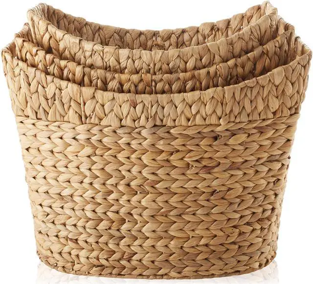 Alt view image 4 of 6 - Casafield Set of 3 Stackable Oval Laundry Baskets with Handles - Natural, Woven Water Hyacinth Storage Totes for Throw Blankets, Bathroom, Bedroom, Living Room