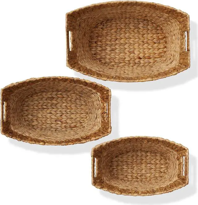 Alt view image 6 of 6 - Casafield Set of 3 Stackable Oval Laundry Baskets with Handles - Natural, Woven Water Hyacinth Storage Totes for Throw Blankets, Bathroom, Bedroom, Living Room