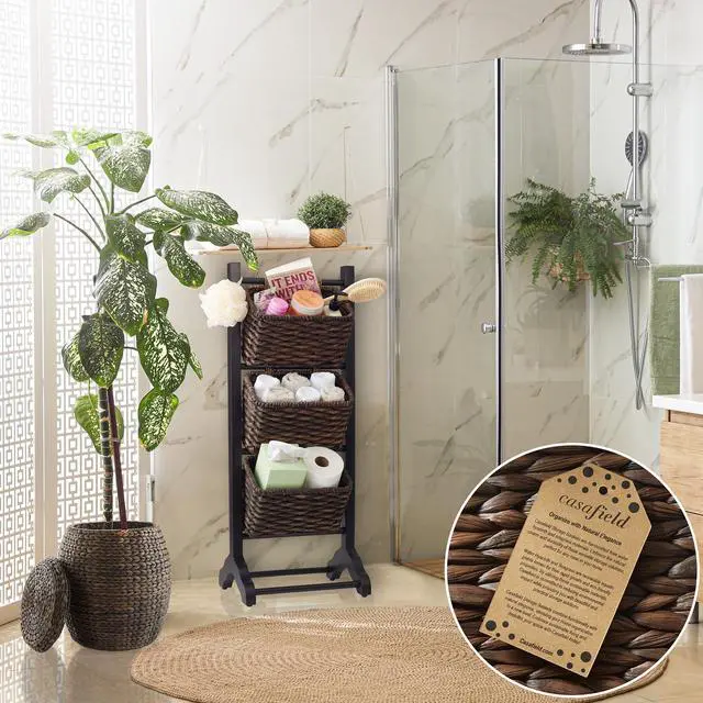 Alt view image 2 of 6 - Casafield 3-Tier Floor Stand with Water Hyacinth Storage Baskets, Black/Espresso - Standing Organizer Rack for Bathroom, Kitchen, Laundry, Living Room
