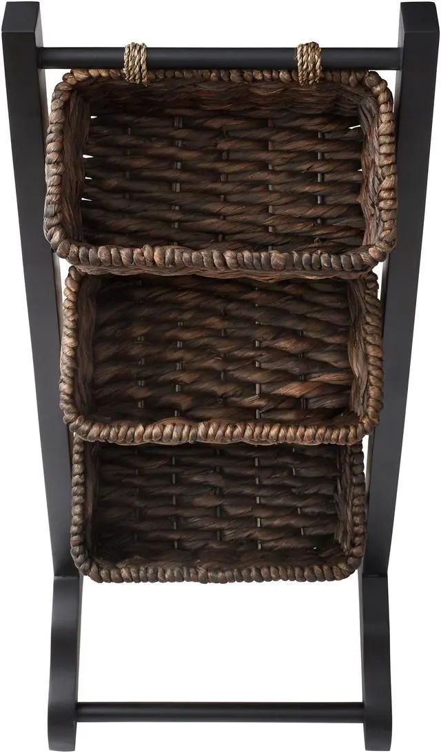 Alt view image 5 of 6 - Casafield 3-Tier Floor Stand with Water Hyacinth Storage Baskets, Black/Espresso - Standing Organizer Rack for Bathroom, Kitchen, Laundry, Living Room