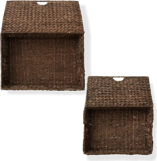 Alt view image 6 of 6 - Casafield Set of 2 Water Hyacinth Rectangular Storage Baskets with Lids (Espresso - Medium/Large) for Bedroom, Bathroom, Laundry, Home Office