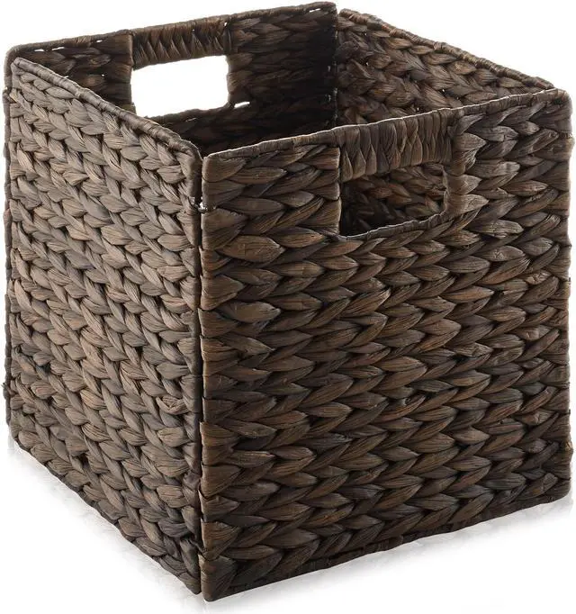 Alt view image 3 of 6 - Casafield 10.5" x 10.5" Water Hyacinth Storage Baskets, Espresso - Set of 2 Collapsible Cube Organizers, Woven Bins for Bathroom, Bedroom, Laundry, Pantry, Shelves