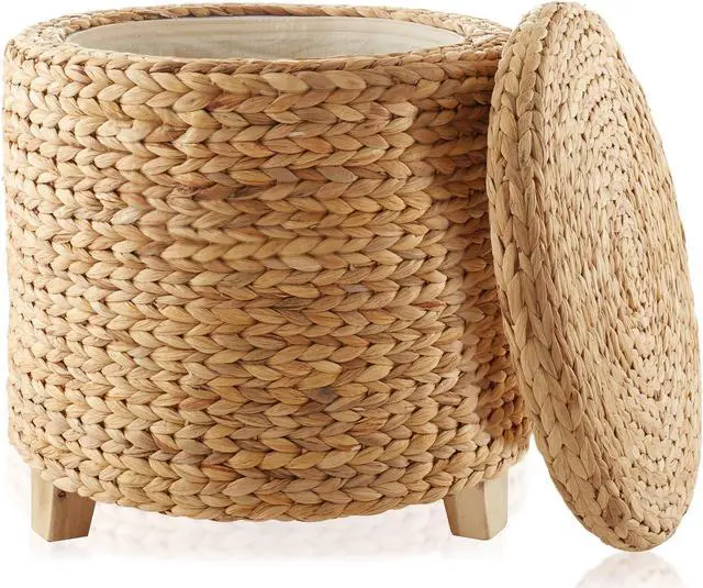 Main image of Casafield 17" Round Storage Ottoman with Lid - Natural, Handwoven Water Hyacinth Footstool for Living Room, Bedroom, Bathroom, Home Office