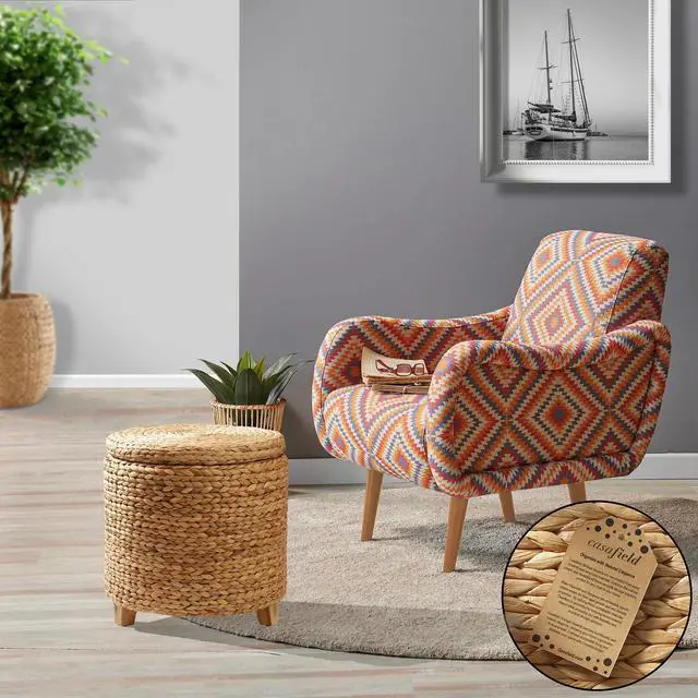 Alt view image 2 of 6 - Casafield 17" Round Storage Ottoman with Lid - Natural, Handwoven Water Hyacinth Footstool for Living Room, Bedroom, Bathroom, Home Office