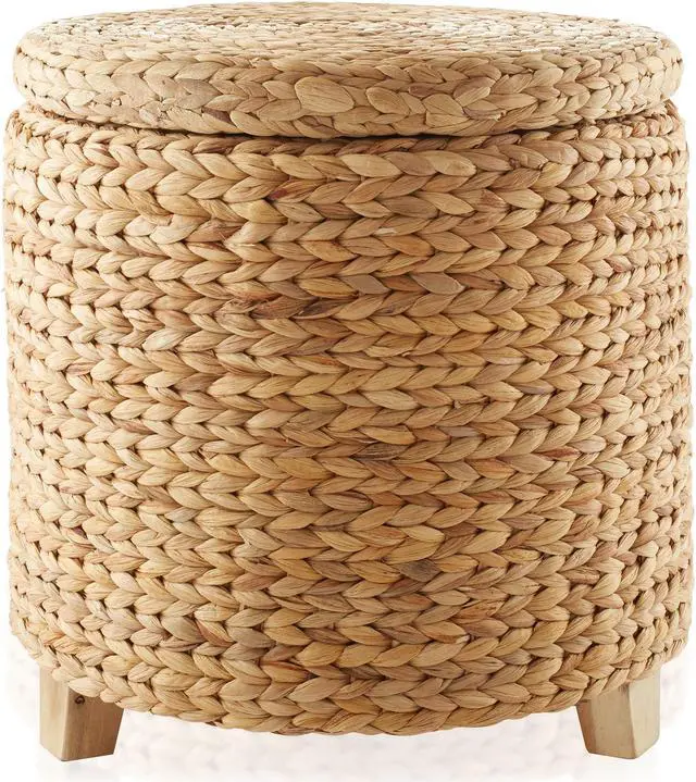 Alt view image 3 of 6 - Casafield 17" Round Storage Ottoman with Lid - Natural, Handwoven Water Hyacinth Footstool for Living Room, Bedroom, Bathroom, Home Office