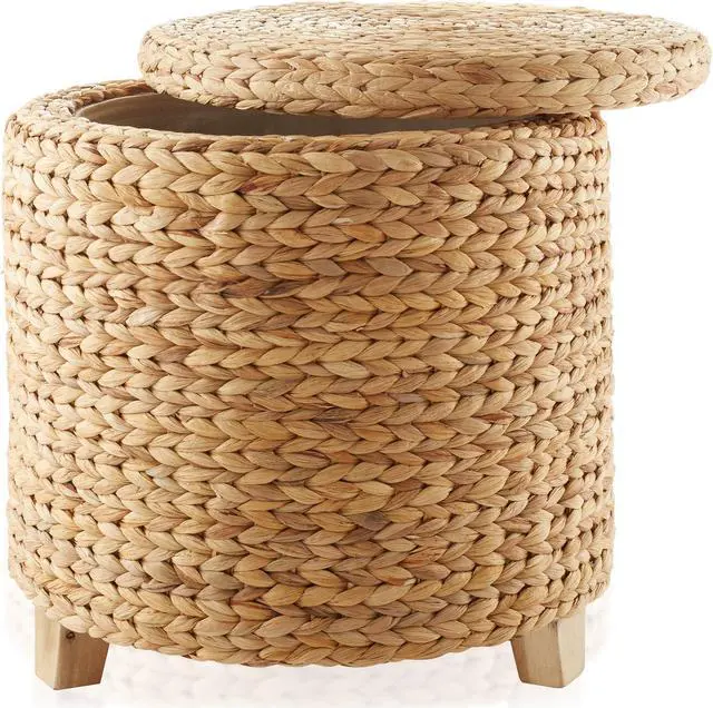 Alt view image 4 of 6 - Casafield 17" Round Storage Ottoman with Lid - Natural, Handwoven Water Hyacinth Footstool for Living Room, Bedroom, Bathroom, Home Office