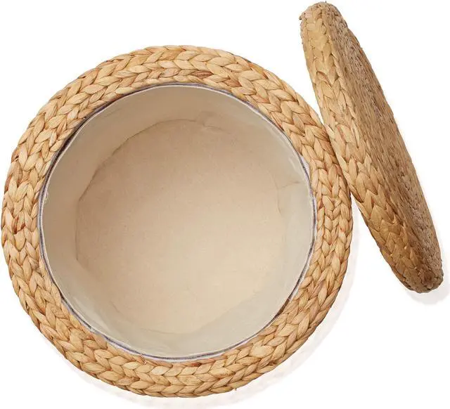 Alt view image 5 of 6 - Casafield 17" Round Storage Ottoman with Lid - Natural, Handwoven Water Hyacinth Footstool for Living Room, Bedroom, Bathroom, Home Office