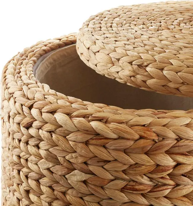Alt view image 6 of 6 - Casafield 17" Round Storage Ottoman with Lid - Natural, Handwoven Water Hyacinth Footstool for Living Room, Bedroom, Bathroom, Home Office