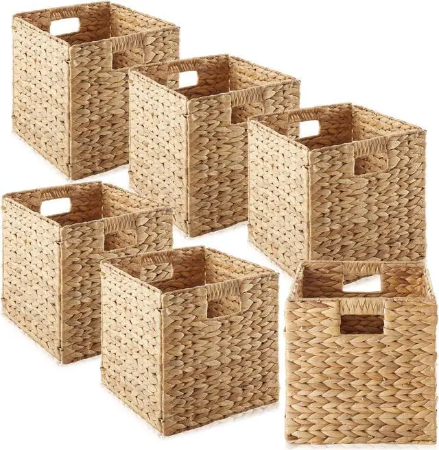 Main image of Casafield 10.5" x 10.5" Water Hyacinth Storage Baskets, Natural - Set of 6 Collapsible Cube Organizers, Woven Bins for Bathroom, Bedroom, Laundry, Pantry, Shelves