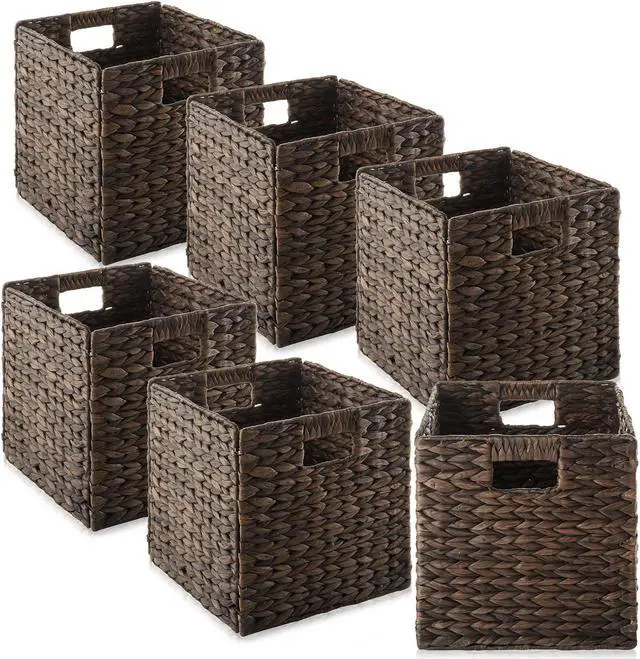 Main image of Casafield 10.5" x 10.5" Water Hyacinth Storage Baskets, Espresso - Set of 6 Collapsible Cube Organizers, Woven Bins for Bathroom, Bedroom, Laundry, Pantry, Shelves