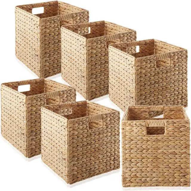 Main image of Casafield 12" x 12" Water Hyacinth Storage Baskets, Natural - Set of 6 Collapsible Cube Organizers, Woven Bins for Bathroom, Bedroom, Laundry, Pantry, Shelves