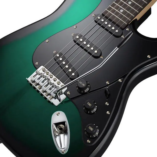 Alt view image 3 of 6 - Ashthorpe 39-Inch Electric Guitar (Green-Black), Full-Size Guitar Kit with Padded Gig Bag, Tremolo Bar, Strap, Strings, Cable, Cloth, Picks