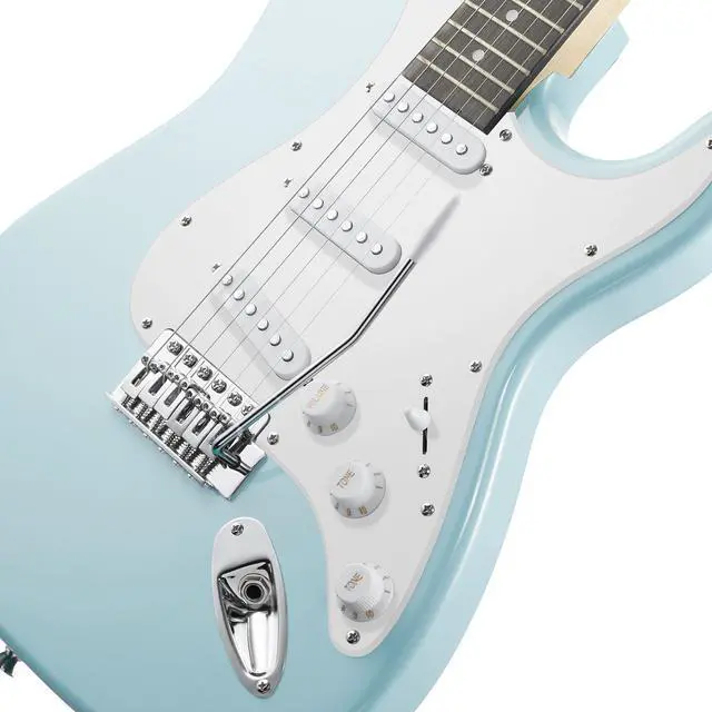 Alt view image 3 of 6 - Ashthorpe 39-Inch Electric Guitar (Light Blue-Silver), Full-Size Guitar Kit with Padded Gig Bag, Tremolo Bar, Strap, Strings, Cable, Cloth, Picks