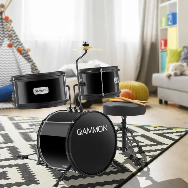Alt view image 2 of 6 - Gammon 3-Piece Junior Drum Set with Throne - Black, Complete Beginner Kit with Bass Drum, Toms, Cymbal, Pedal, and Drumsticks
