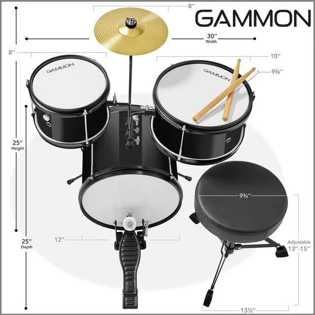 Alt view image 3 of 6 - Gammon 3-Piece Junior Drum Set with Throne - Black, Complete Beginner Kit with Bass Drum, Toms, Cymbal, Pedal, and Drumsticks