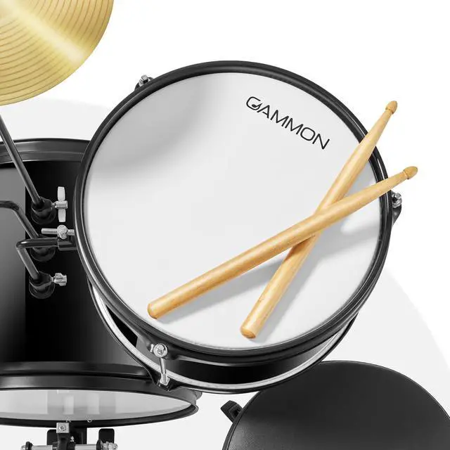 Alt view image 4 of 6 - Gammon 3-Piece Junior Drum Set with Throne - Black, Complete Beginner Kit with Bass Drum, Toms, Cymbal, Pedal, and Drumsticks