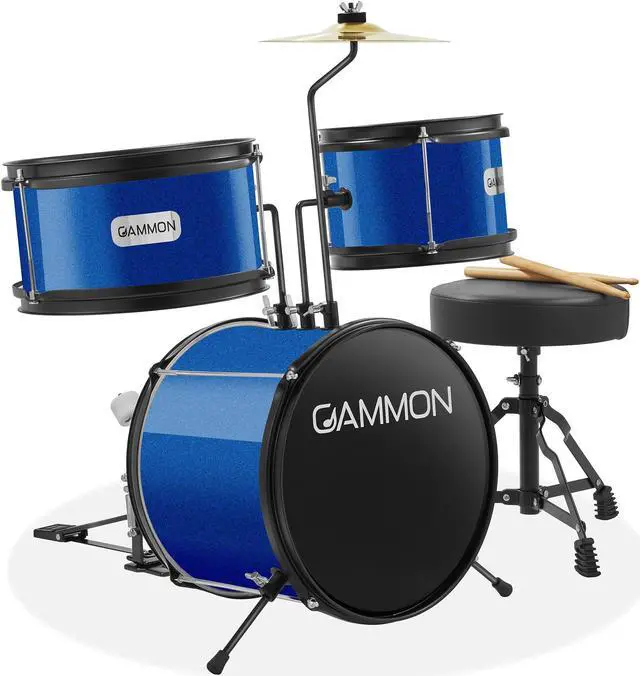 Main image of Gammon 3-Piece Junior Drum Set with Throne - Blue, Complete Beginner Kit with Bass Drum, Toms, Cymbal, Pedal, and Drumsticks