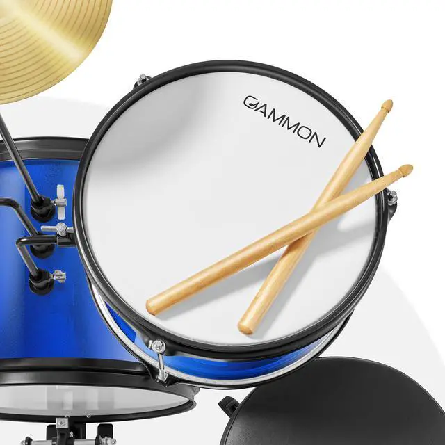 Alt view image 4 of 6 - Gammon 3-Piece Junior Drum Set with Throne - Blue, Complete Beginner Kit with Bass Drum, Toms, Cymbal, Pedal, and Drumsticks
