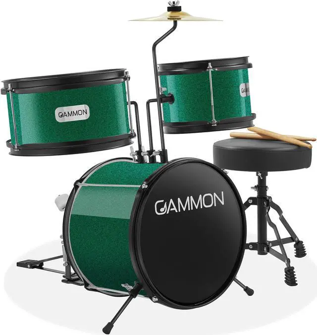 Main image of Gammon 3-Piece Junior Drum Set with Throne - Green, Complete Beginner Kit with Bass Drum, Toms, Cymbal, Pedal, and Drumsticks