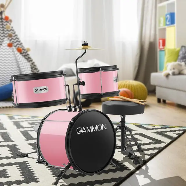 Alt view image 2 of 6 - Gammon 3-Piece Junior Drum Set with Throne - Pink, Complete Beginner Kit with Bass Drum, Toms, Cymbal, Pedal, and Drumsticks