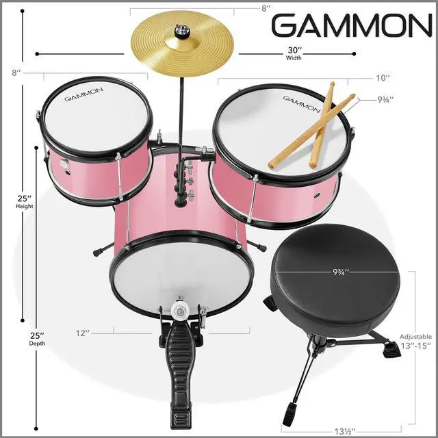 Alt view image 3 of 6 - Gammon 3-Piece Junior Drum Set with Throne - Pink, Complete Beginner Kit with Bass Drum, Toms, Cymbal, Pedal, and Drumsticks