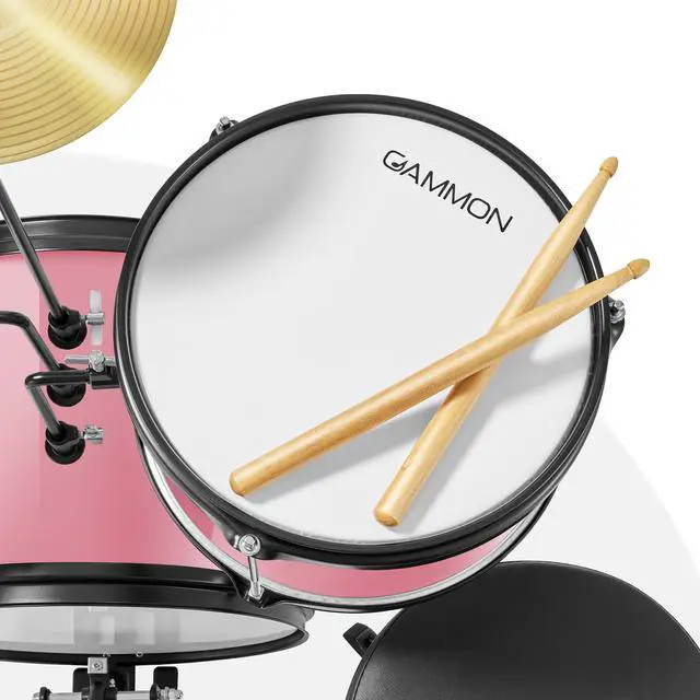 Alt view image 4 of 6 - Gammon 3-Piece Junior Drum Set with Throne - Pink, Complete Beginner Kit with Bass Drum, Toms, Cymbal, Pedal, and Drumsticks