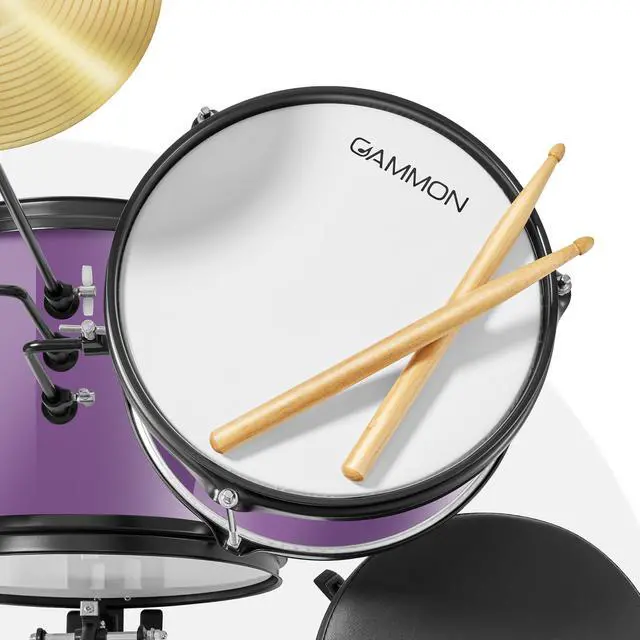 Alt view image 4 of 6 - Gammon 3-Piece Junior Drum Set with Throne - Purple, Complete Beginner Kit with Bass Drum, Toms, Cymbal, Pedal, and Drumsticks