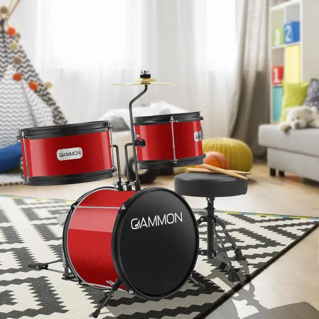 Alt view image 2 of 6 - Gammon 3-Piece Junior Drum Set with Throne - Red, Complete Beginner Kit with Bass Drum, Toms, Cymbal, Pedal, and Drumsticks