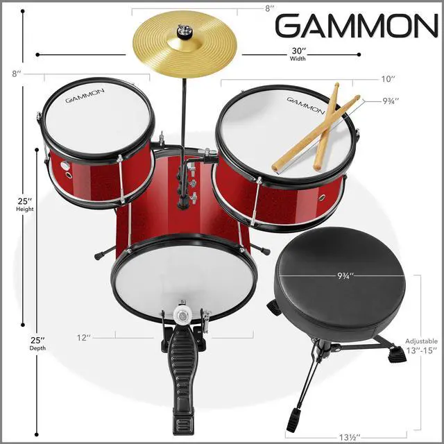 Alt view image 3 of 6 - Gammon 3-Piece Junior Drum Set with Throne - Red, Complete Beginner Kit with Bass Drum, Toms, Cymbal, Pedal, and Drumsticks