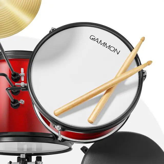 Alt view image 4 of 6 - Gammon 3-Piece Junior Drum Set with Throne - Red, Complete Beginner Kit with Bass Drum, Toms, Cymbal, Pedal, and Drumsticks
