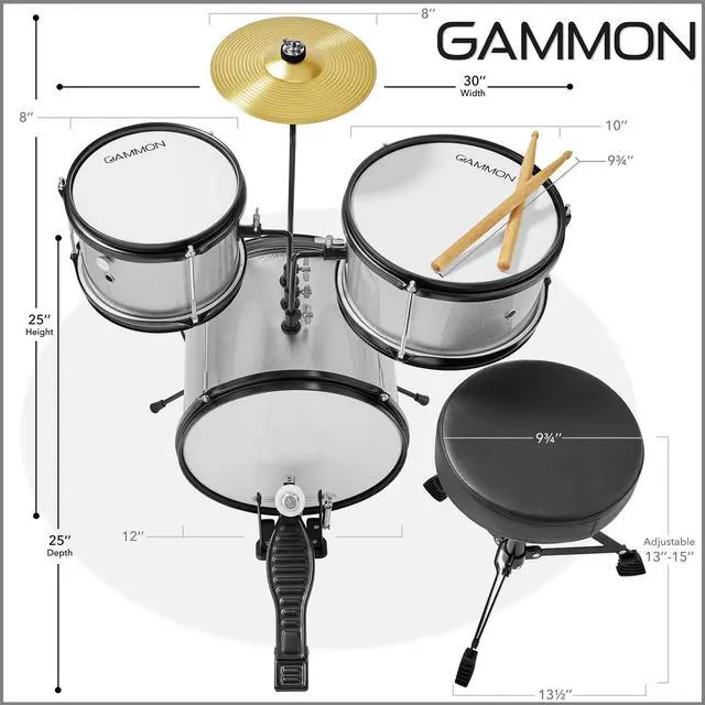 Alt view image 3 of 6 - Gammon 3-Piece Junior Drum Set with Throne - Silver, Complete Beginner Kit with Bass Drum, Toms, Cymbal, Pedal, and Drumsticks