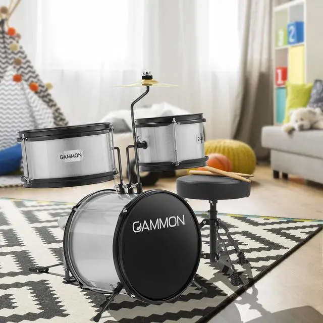 Alt view image 2 of 6 - Gammon 3-Piece Junior Drum Set with Throne - Silver, Complete Beginner Kit with Bass Drum, Toms, Cymbal, Pedal, and Drumsticks