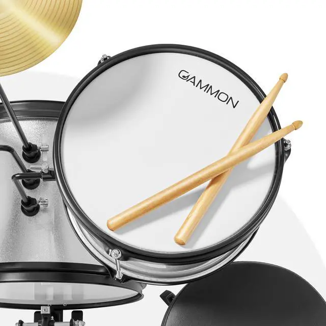 Alt view image 4 of 6 - Gammon 3-Piece Junior Drum Set with Throne - Silver, Complete Beginner Kit with Bass Drum, Toms, Cymbal, Pedal, and Drumsticks