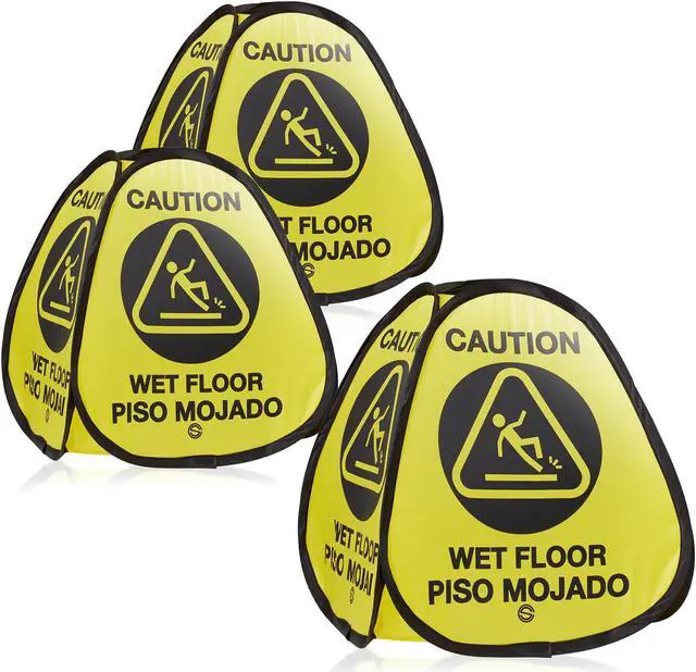 Main image of Dryser 3-Pack 16" Pop-up Caution Wet Floor Signs - Yellow 4-Sided English/Spanish Warnings