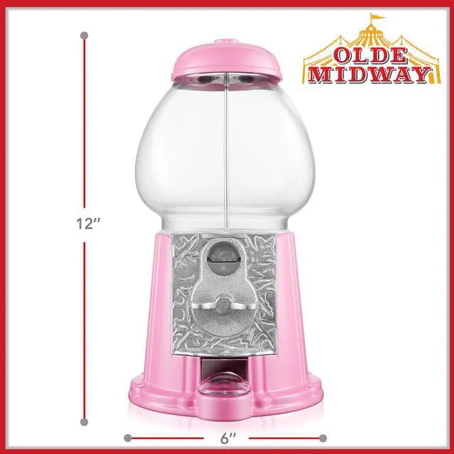Alt view image 3 of 6 - Olde Midway 12" Gumball Machine with Glass Globe and Metal Base - Pink, Vintage-Style Bubble Gum Candy Dispenser