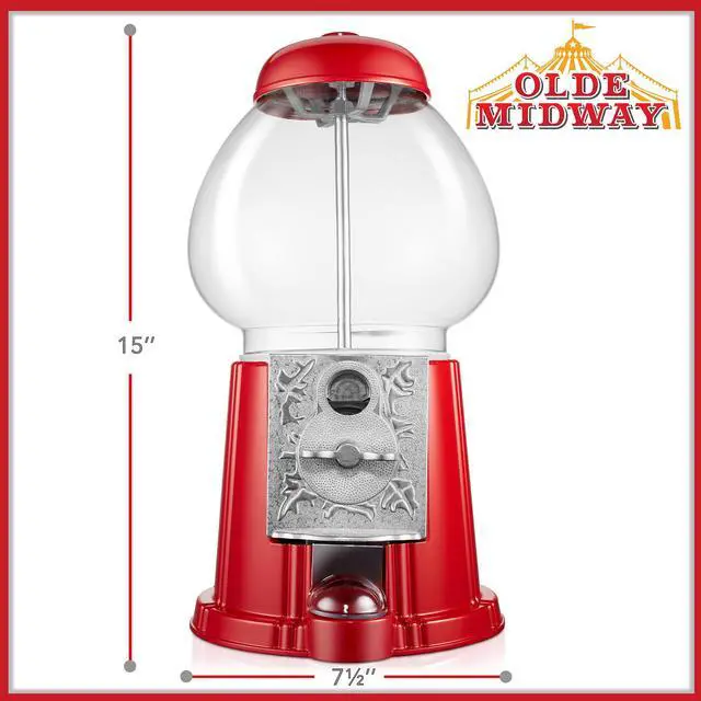Alt view image 3 of 6 - Olde Midway 15" Gumball Machine with Glass Globe and Metal Base - Red, Vintage-Style Bubble Gum Candy Dispenser