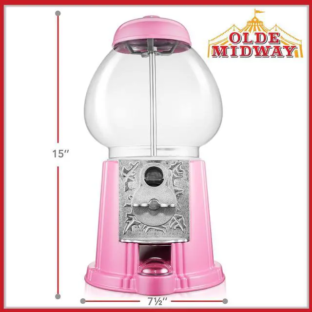 Alt view image 3 of 6 - Olde Midway 15" Gumball Machine with Glass Globe and Metal Base - Pink, Vintage-Style Bubble Gum Candy Dispenser