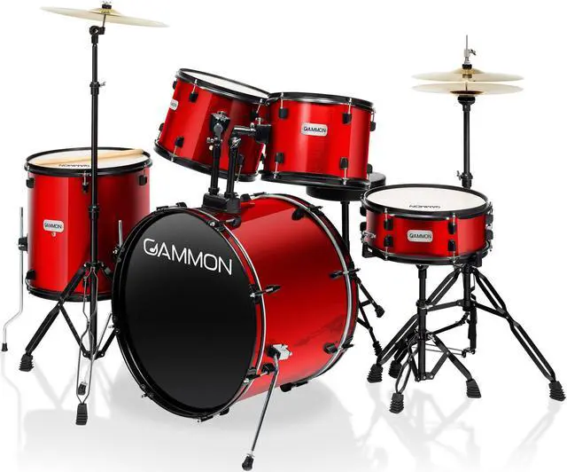 Alt view image 2 of 6 - Gammon Percussion Full Size Complete Adult 5-Piece Drum Set with Cymbals, Stands, Stool, and Sticks - Red