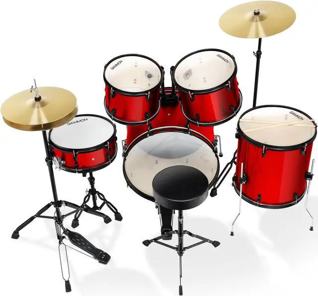 Alt view image 4 of 6 - Gammon Percussion Full Size Complete Adult 5-Piece Drum Set with Cymbals, Stands, Stool, and Sticks - Red