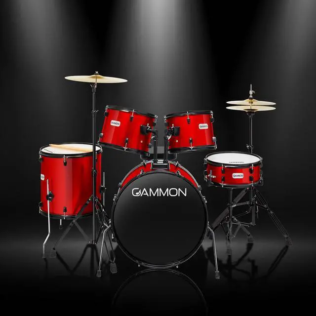 Alt view image 3 of 6 - Gammon Percussion Full Size Complete Adult 5-Piece Drum Set with Cymbals, Stands, Stool, and Sticks - Red