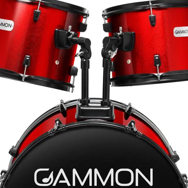 Alt view image 5 of 6 - Gammon Percussion Full Size Complete Adult 5-Piece Drum Set with Cymbals, Stands, Stool, and Sticks - Red