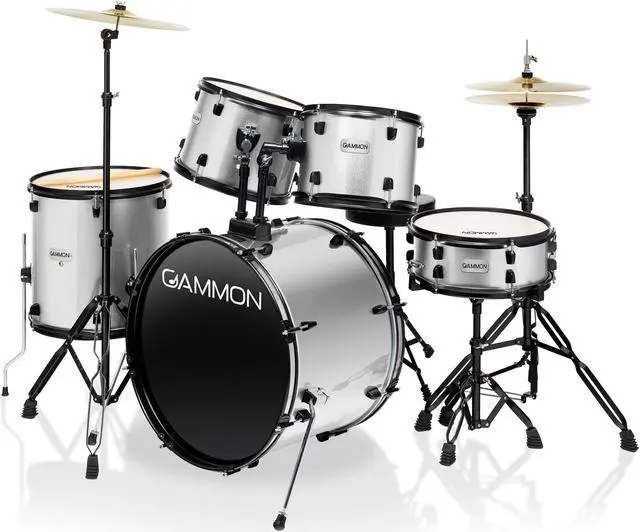 Alt view image 2 of 6 - Gammon Percussion Full Size Complete Adult 5-Piece Drum Set with Cymbals, Stands, Stool, and Sticks - Silver